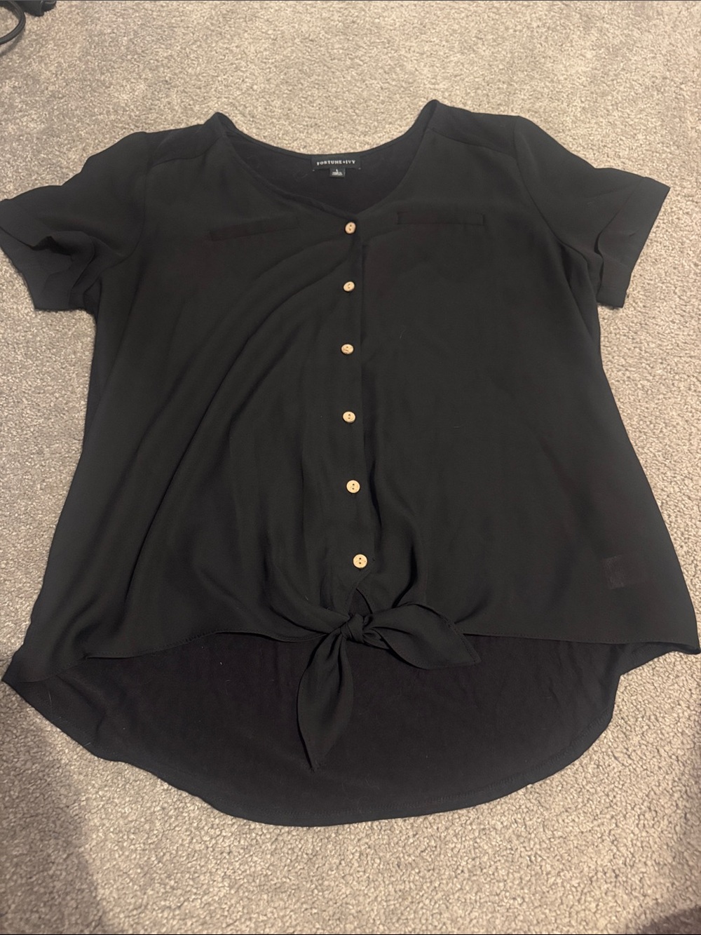 Women's Black Short-Sleeve Button Tie-Front Blouse